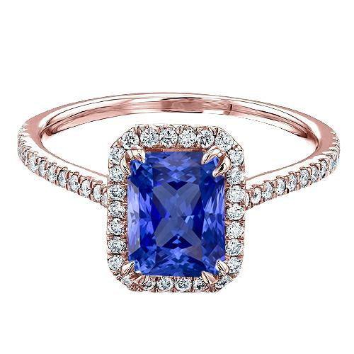 Rose Gold Halo Radiant Sapphire Ring 3.50 Carats Pave Set Diamonds