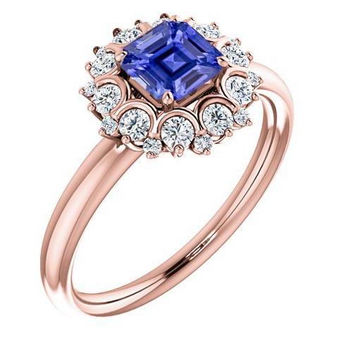 Rose Gold Halo Ring Asscher Cut Ceylon Sapphire Flower Style 3 Carats