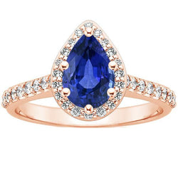 Rose Gold Halo Ring Pear Blue Sapphire & Diamonds 3.50 Carats