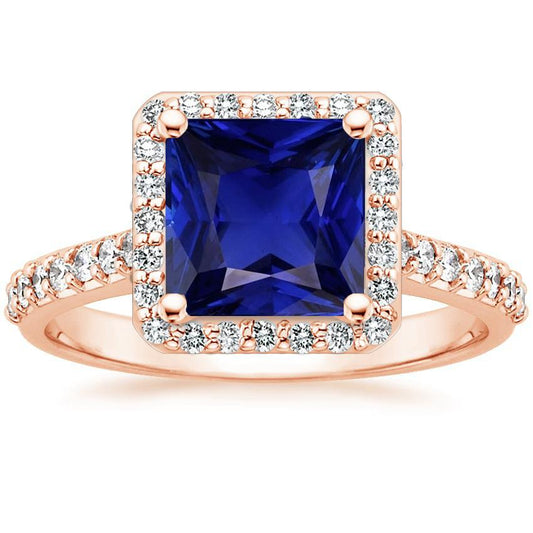 Rose Gold Halo Ring Princess Blue Sapphire With Accents 6.25 Carats