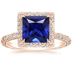 Rose Gold Halo Ring Princess Sri Lankan Sapphire and Diamond 6 Carat