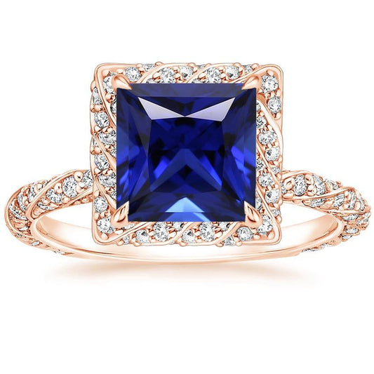 Rose Gold Halo Ring Princess Sri Lankan Sapphire and Diamond 6 Carat