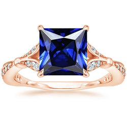 Rose Gold Ring With Accents Princess Cut Blue Sapphire 5.50 Carats