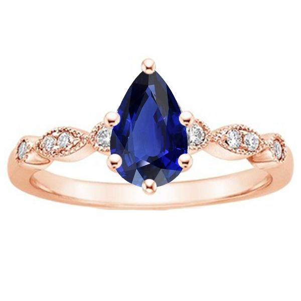 Rose Gold Sapphire Ring Vintage Style Pear & Round Diamonds 4 Carats
