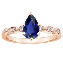 Rose Gold Sapphire Ring Vintage Style Pear & Round Natural Earth Mined Diamonds 4 Carats