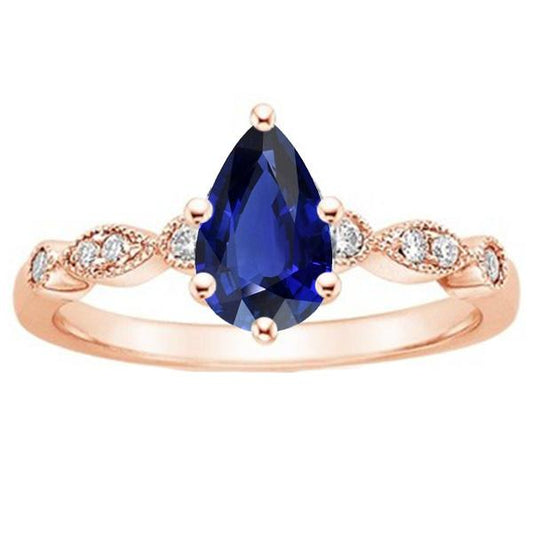 Rose Gold Sapphire Ring Vintage Style Pear & Round Diamonds 4 Carats