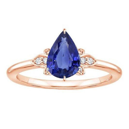 Rose Gold Solitaire With Accents Ring Pear Ceylon Sapphire 3 Carats