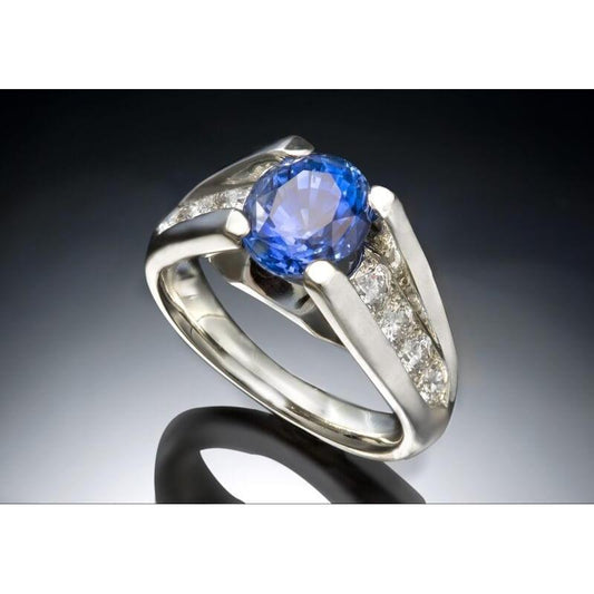 Round 2.50 Carats Sri Lanka Sapphire Diamond Ring White Gold 14K