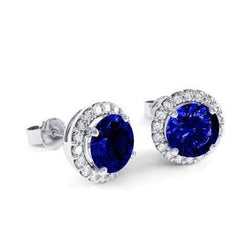 Round 5 Carats Sapphire With Diamonds Stud Earrings White Gold 14K