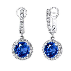 Round 5.50 Carats Sapphire Diamond Dangle Earrings White Gold 14K