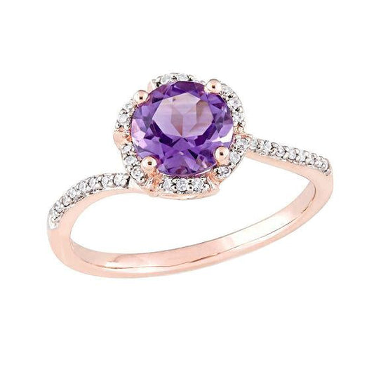 Round Amethyst With Diamond 6.75 Carats Ring Rose Gold 14K Gemstone