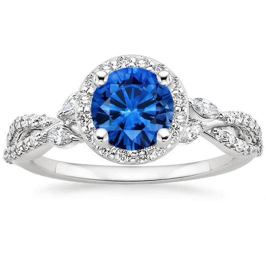 Round And Marquise Cut 3.90 Ct Ceylon Sapphire Diamonds Ring Gold 14K