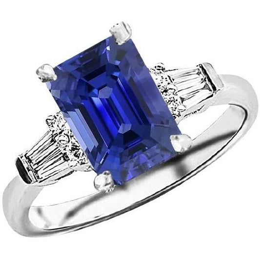 Round & Baguette Diamond Sri Lankan Sapphire Ring Emerald Cut 4 Carats