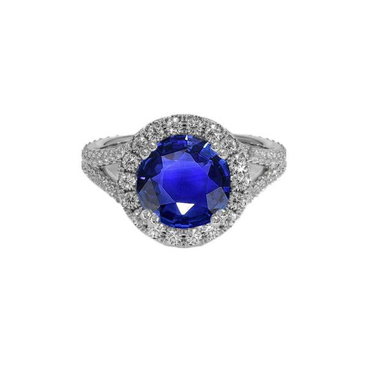 Round Blue Sapphire & Halo Diamond Engagement Ring 10 Carats New