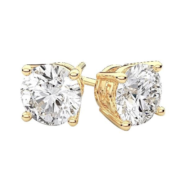 Round Brilliant Cut 3 Carats Diamond Studs Earrings Yellow Gold 14K