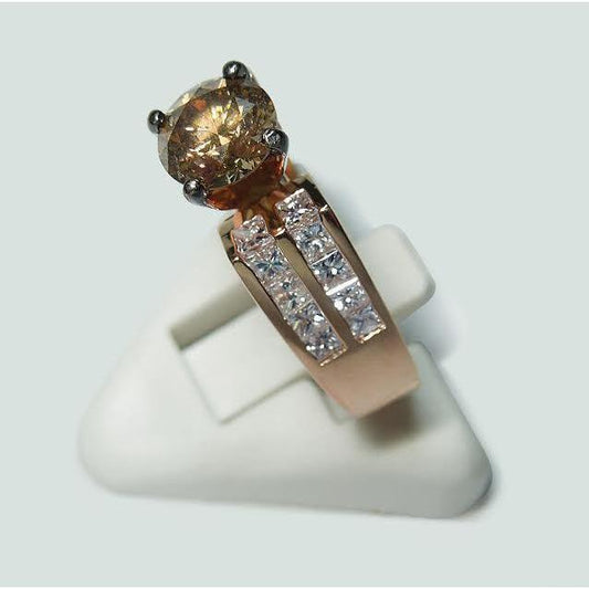 Round Brown Champagne Diamond Gemstone Ring 2.5 Carat Rose Gold 14K