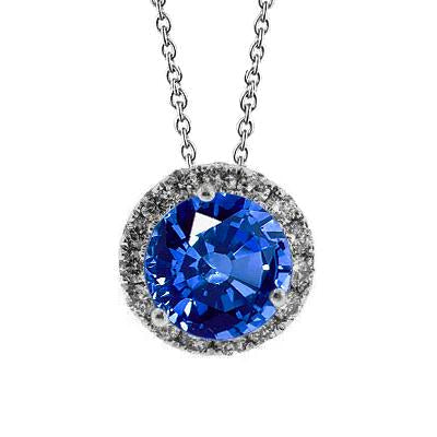 Round Ceylon Sapphire & Diamond Pendant Necklace 3.50 Carat WG 14K