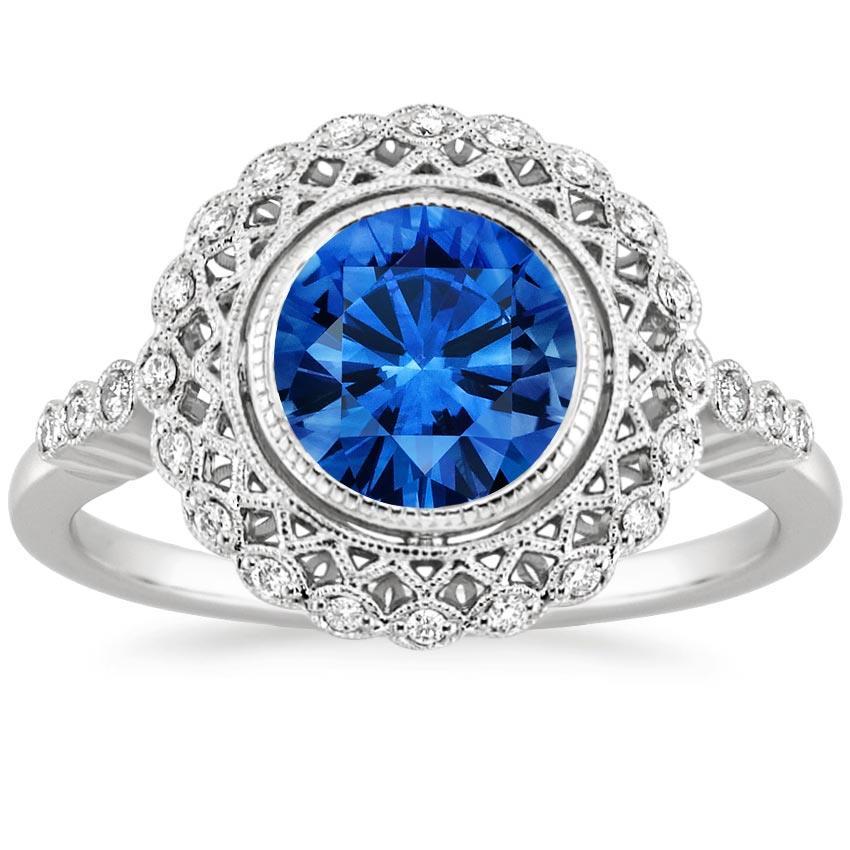 Round Ceylon Sapphire Diamond Ring Bezel Set 3.80 Carat White Gold 14K