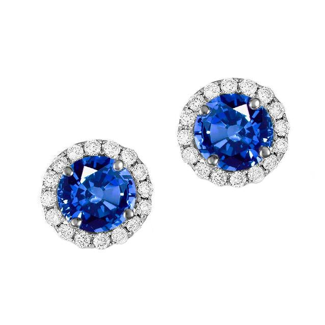 Round Ceylon Sapphire Stud Earring Halo Diamond Gold 2.30 Ct