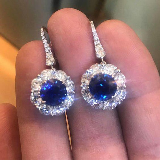 Round Cut 2.50 Ct Sri Lankan Sapphire And Diamond Dangle Earring