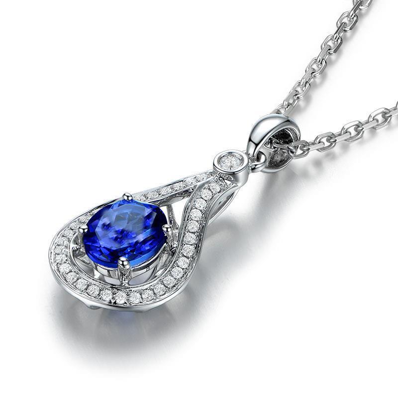 Round Cut 3 Carats Tanzanite With Diamonds Pendant Necklace 14K