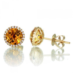 Round Cut 30.80 Ct Citrine And Diamonds Lady Studs Earring 14K Gold