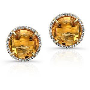 Round Cut 38.80 Ct Citrine And Diamonds Studs Earring Yellow Gold