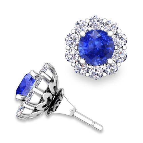 Round Cut 4.50 Ct Ceylon Sapphire With Diamonds Studs Halo White Gold