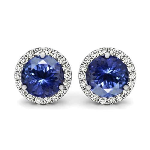 Round Cut 6.40 Carats Tanzanite And Diamonds Studs Earrings New