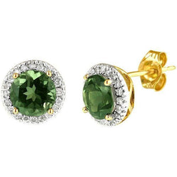 Round Cut 9.92 Carats Tourmaline And Natural Earth Mined Diamonds Studs Earrings