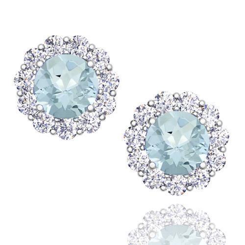 Round Cut Aquamarine With Halo Diamond Stud Earrings 7 Carat WG 14K