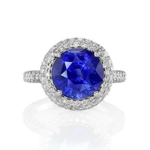 Round Cut Halo Diamond And Sri Lanka Blue Sapphire Ring 14K 2.40 Ct