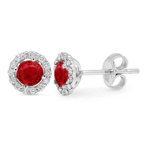 Round Cut Red Ruby & Halo Diamond Stud Earring 2.40 Ct. White Gold 14K