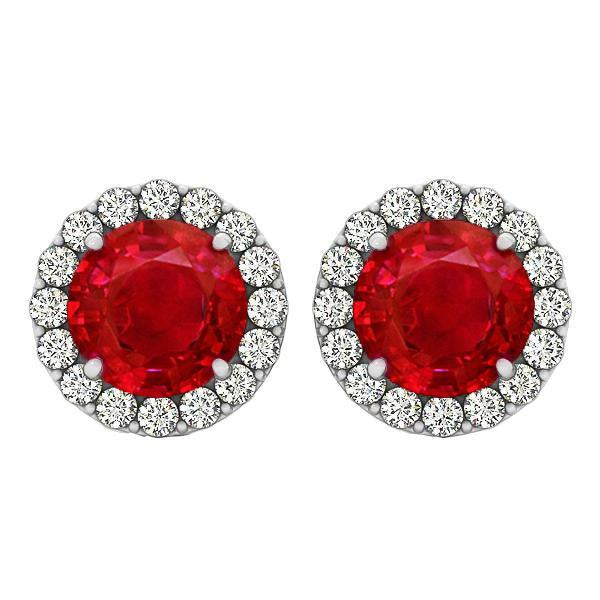 Round Cut Red Ruby With Diamonds 9.50 Ct Studs Earrings White Gold 14K