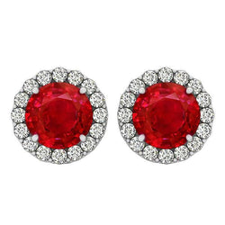 Round Cut Red Ruby With Diamonds 9.50 Ct Studs Earrings White Gold 14K