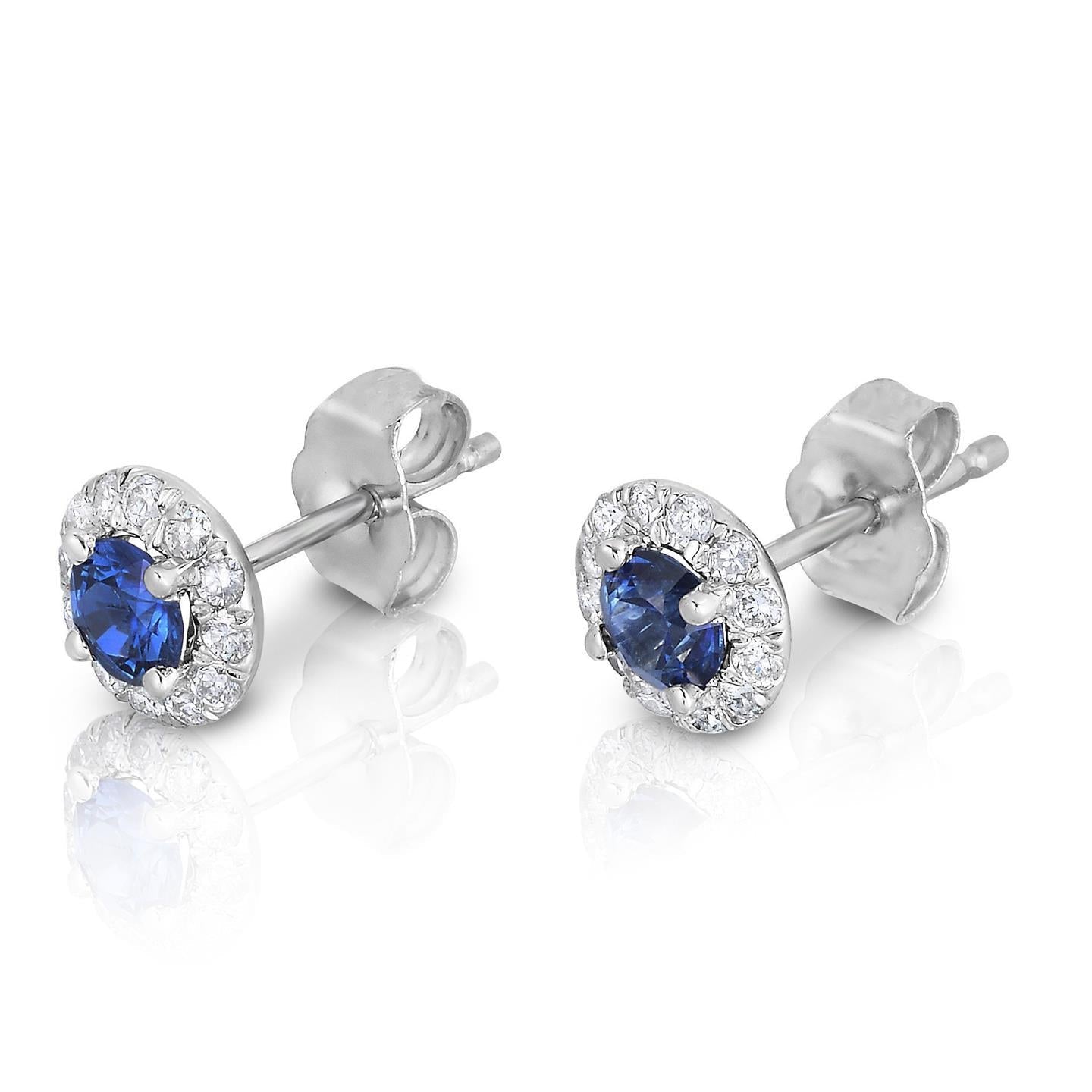 Round Cut Sapphire And Diamonds 3.40 Carats Studs Earrings 14K Gold