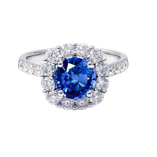 Round Cut Sri Lanka Sapphire Diamond Ring Gold 14K 1.50 Carats