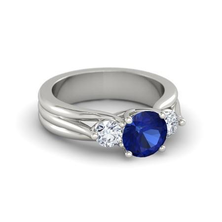 Round Cut Three Stone Ceylon Sapphire Diamond Ring 1.75 Carats WG 14K