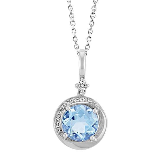 Round Cut With Aquamarine Diamond Pendant 10 Carat WG 14K