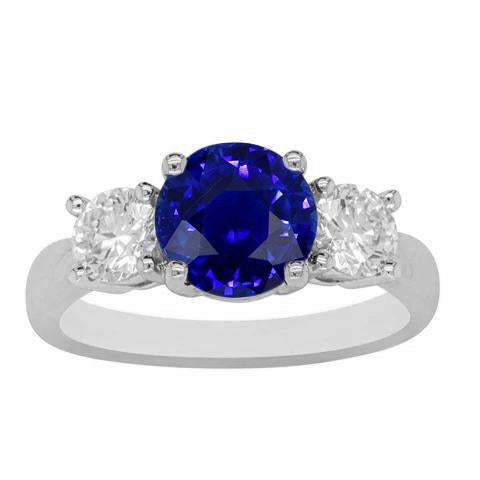 Round Diamond 3 Stone Gemstone Ring Natural Blue Sapphire 3 Carats