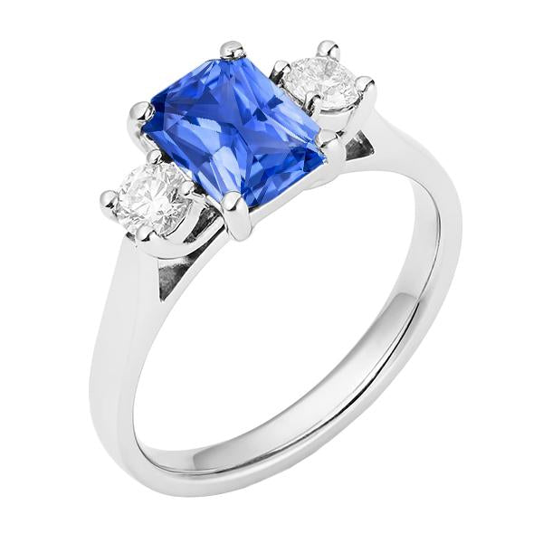 Round Diamond 3 Stone Radiant Ceylon Sapphire Ring 2.50 Carats