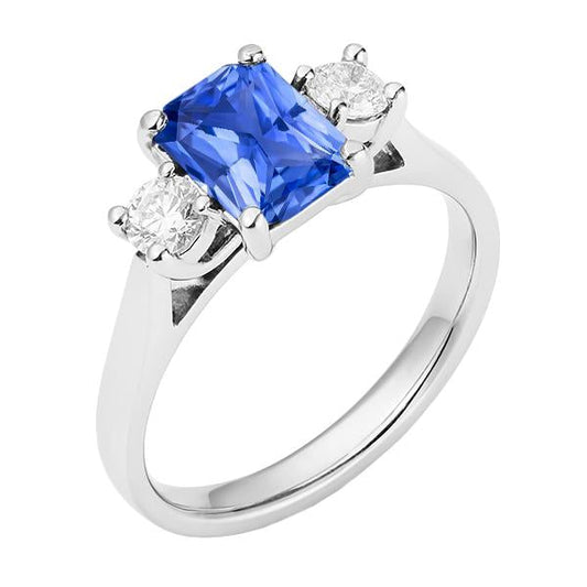 Round Diamond 3 Stone Radiant Ceylon Sapphire Ring 2.50 Carats