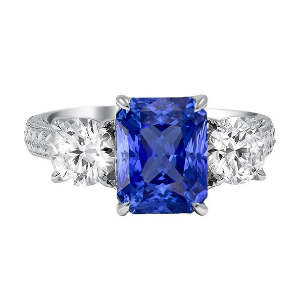 Round Diamond 3 Stone Ring Ceylon Sapphire 3.50 Carats Milgrain Gold