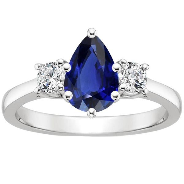 Round Diamond 3 Stones Ring Pear Cut Ceylon Sapphire 3 Carats