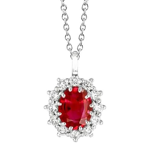 Round Diamond And Oval Ruby Necklace Pendant 3.50 Carat WG 14K