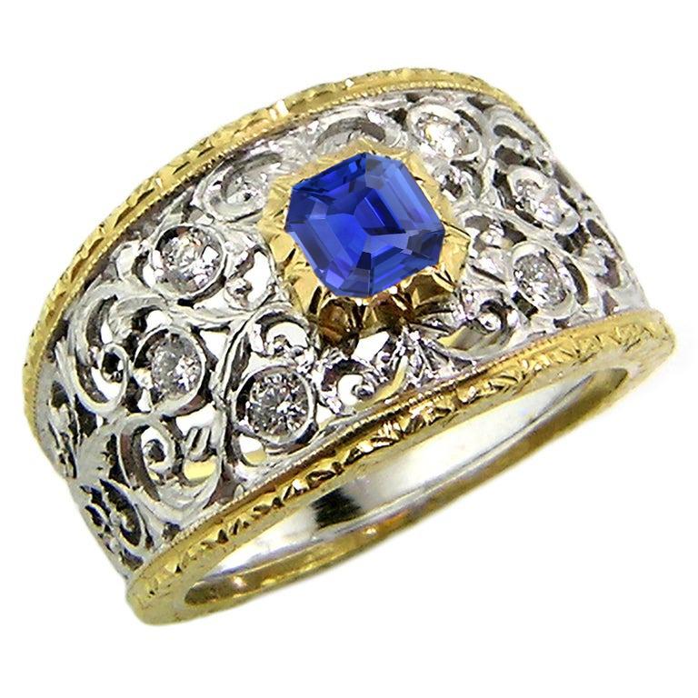 Round Diamond Bezel Asscher Sapphire Ring Two Tone Filigree 2 Carats