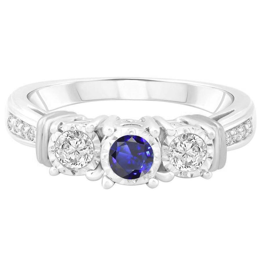 Round Diamond Bezel Set Blue Sapphire Ring 3 Carats White Gold 14K