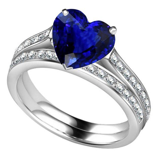 Round Diamond Blue Sapphire Engagement Ring Set With Band 4 Carats