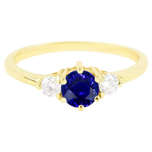 Round Diamond Ceylon Sapphire Ring 2 Carats 3 Stone Yellow Gold Prongs