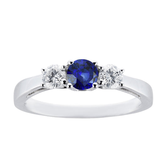 Round Diamond & Ceylon Sapphire Ring 3 Carats 3 Stone White Gold 14K